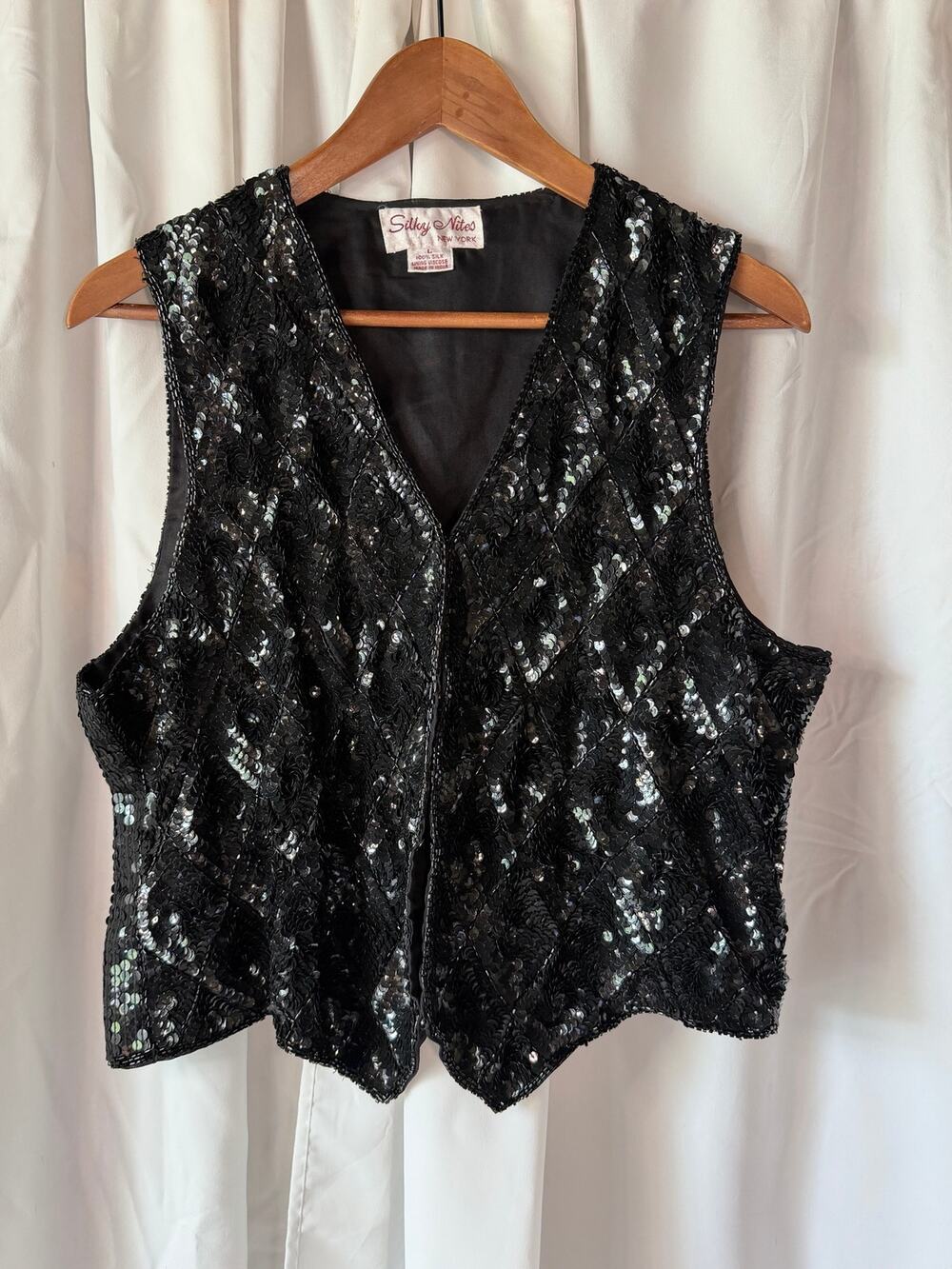 Vintage Black Sequin Beaded Vest Silk Y2K Indie Sleaze Party Crop Silky Nites